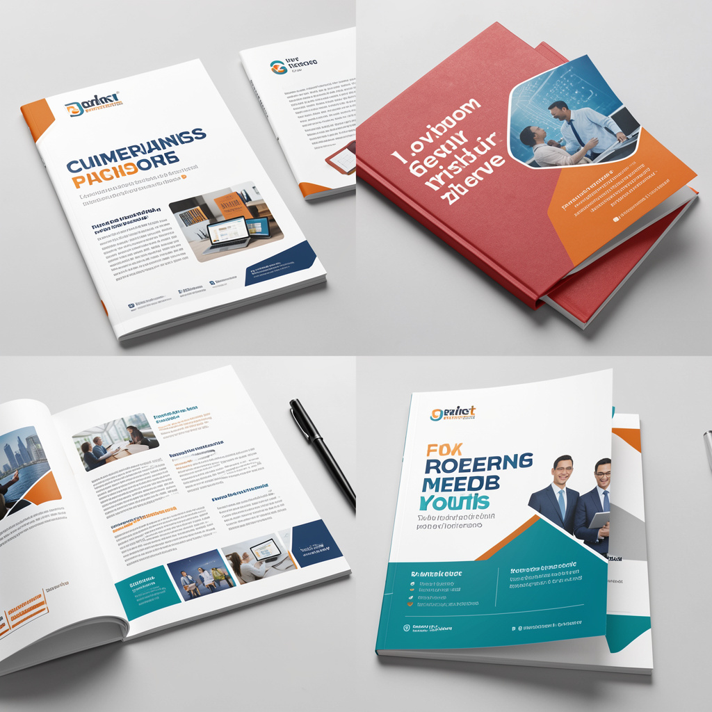 Various custom printed marketing materials including brochures and folders